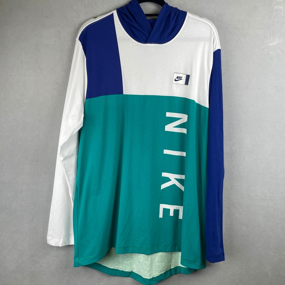 Nike Tee Athletic Cut Colorblock Retro Y2K Long Sleeve Hoodie Green Blue Sport L